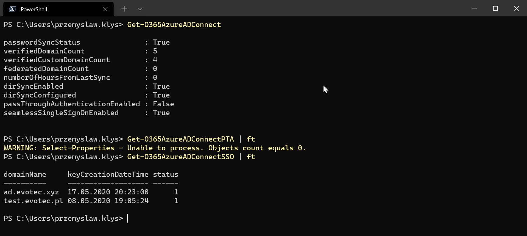 Wynik PowerShell dla Get-O365AzureADConnect z ostrzezeniem PTA i stanem SSO