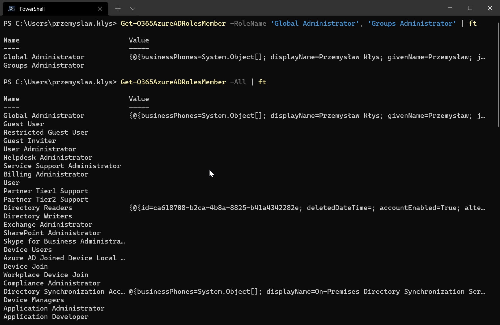 Wynik PowerShell dla Get-O365AzureADRolesMember dla wybranych i wszystkich rol