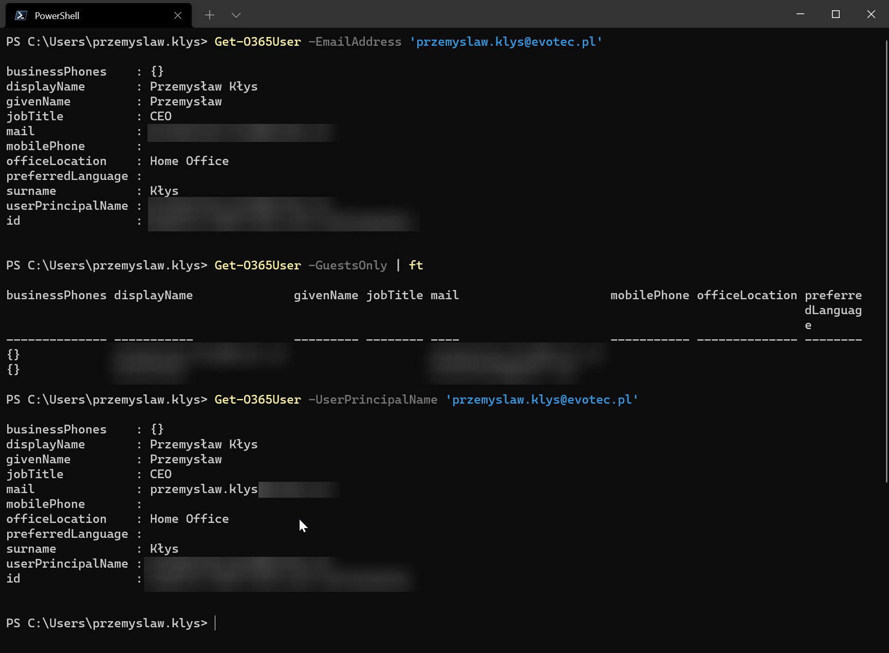 Wynik PowerShell dla Get-O365User po adresie e-mail, gosciach i nazwie UPN