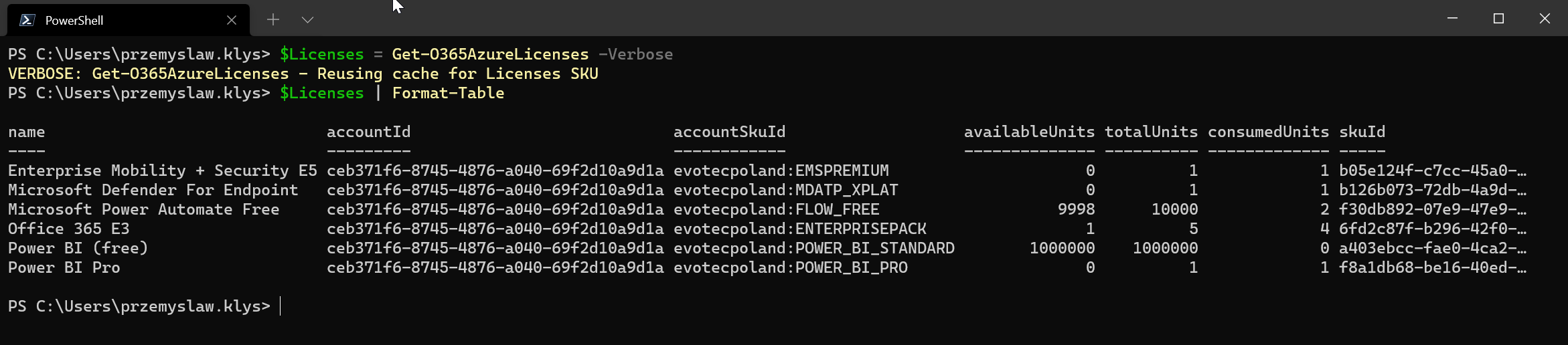 Tabela PowerShell z licencjami Office 365 oraz accountSkuId i liczba jednostek