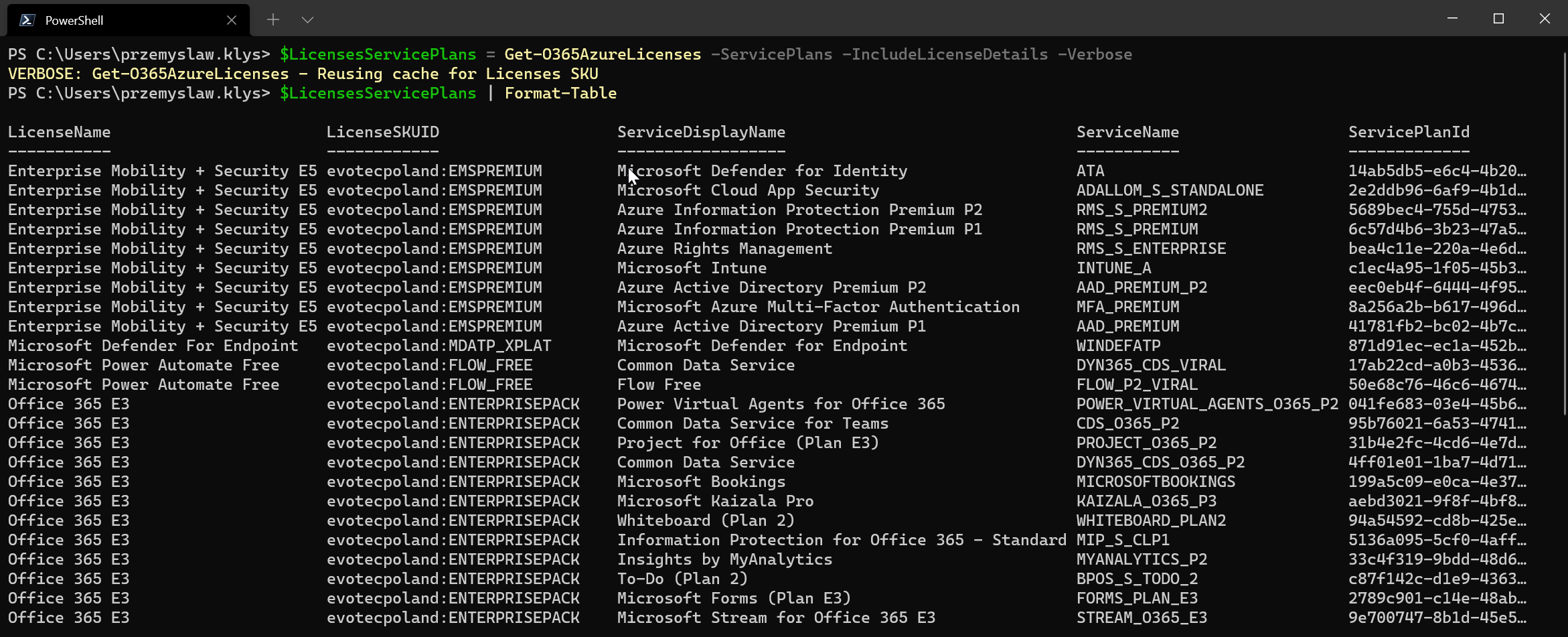 Tabela PowerShell z planami uslug Office 365 i nazwami serwisow licencji