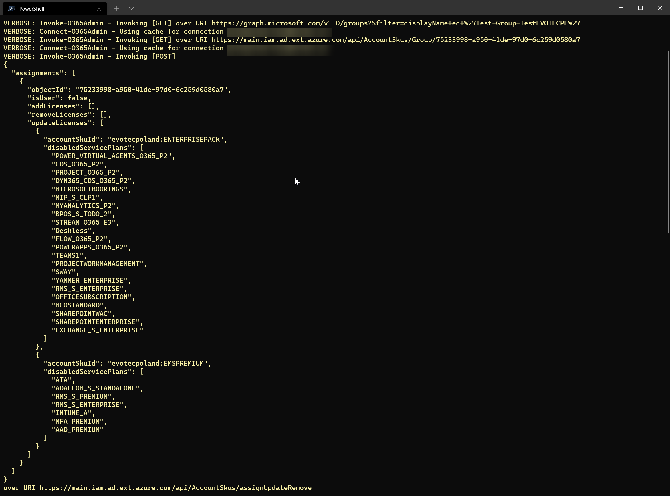 Szczegolowy podglad JSON WhatIf z polecenia Set-O365GroupLicenses