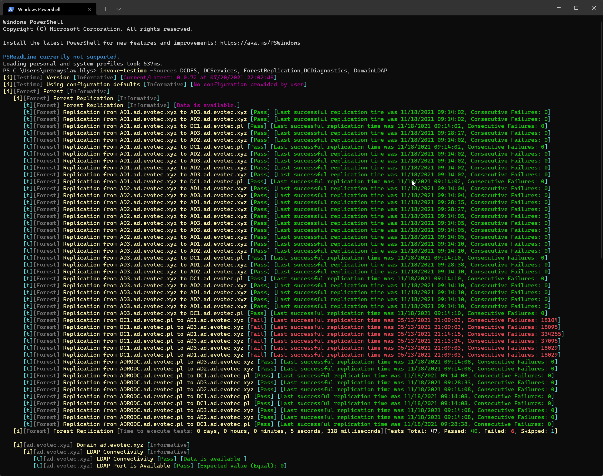 Testimo forest replication report showing multiple DC replication failures