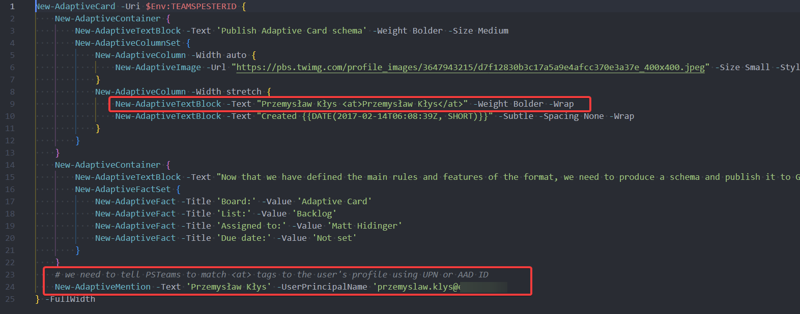 Przykład karty adaptacyjnej w PowerShell z podświetlonymi tagami wzmianki i poleceniem New-AdaptiveMention