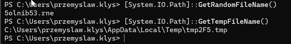 Wynik PowerShell porownujacy rezultaty GetTempFileName i GetRandomFileName
