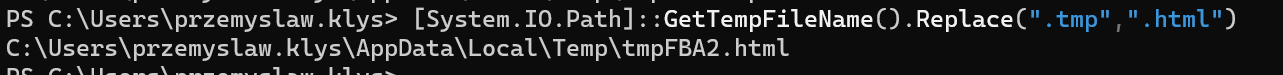 Przyklad PowerShell wykorzystujacy GetTempFileName do zbudowania tymczasowej sciezki pliku HTML