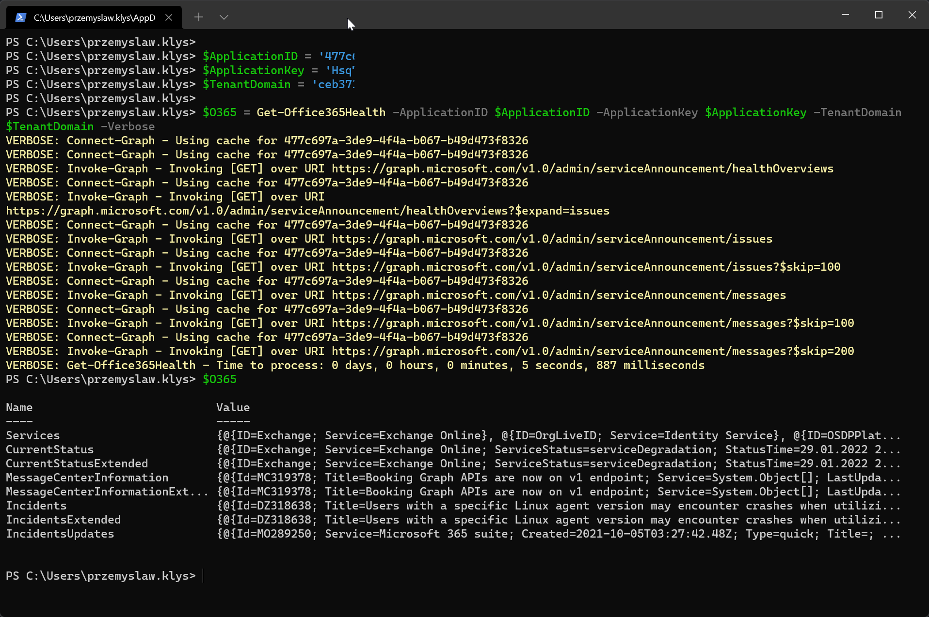 Wynik PowerShell z polecenia Get-Office365Health