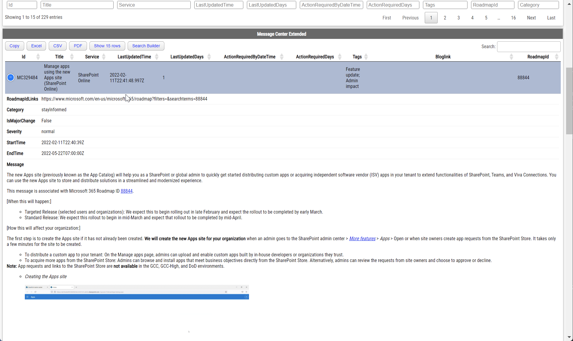 Tabela incydentów w dashboardzie kondycji Office 365
