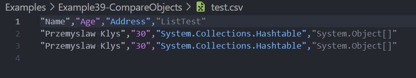 Exported CSV view showing nested PowerShell object properties collapsed into hard-to-read values