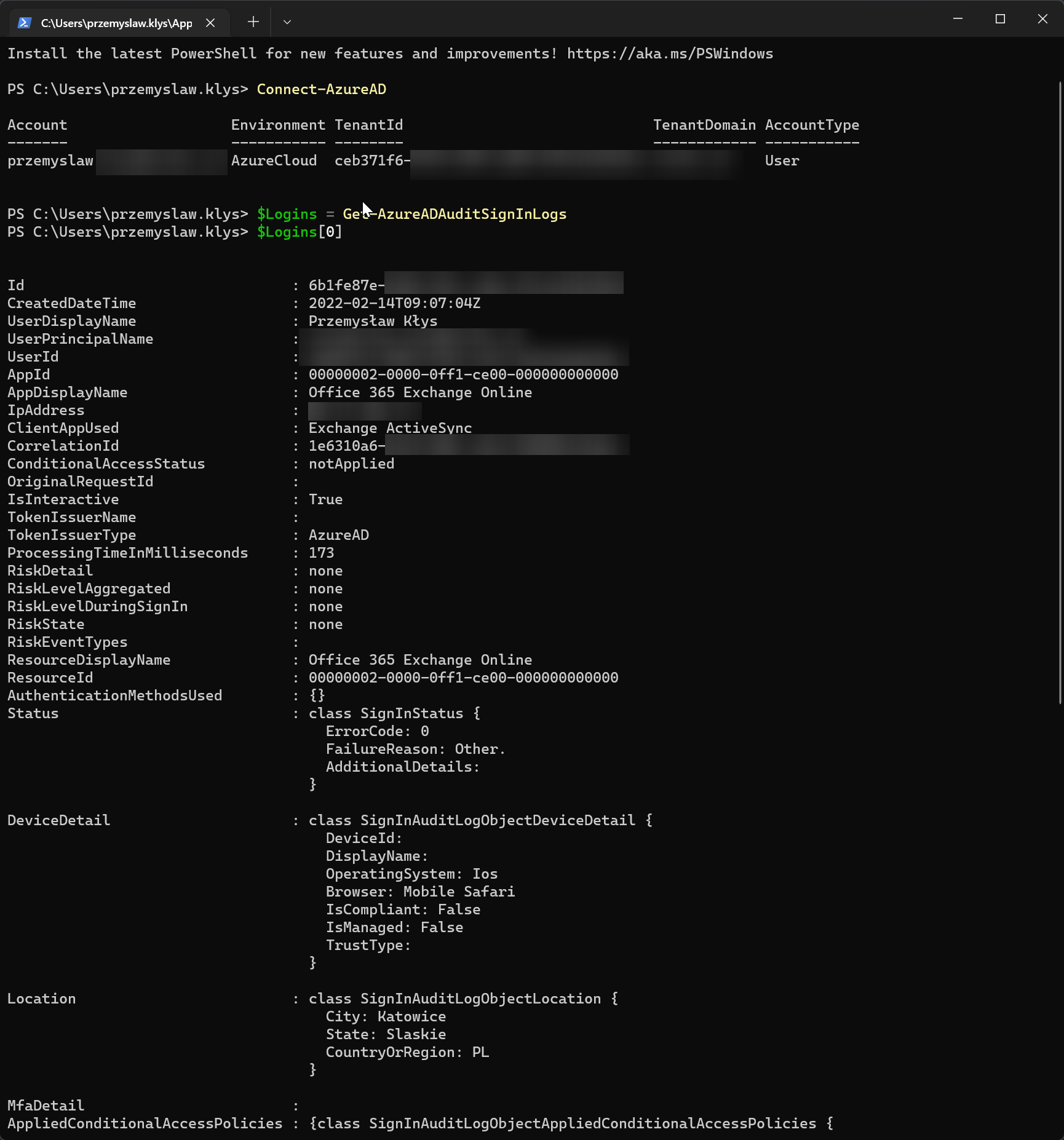 Sample Office 365 sign-in log object from Get-AzureADAuditSignInLogs with nested properties