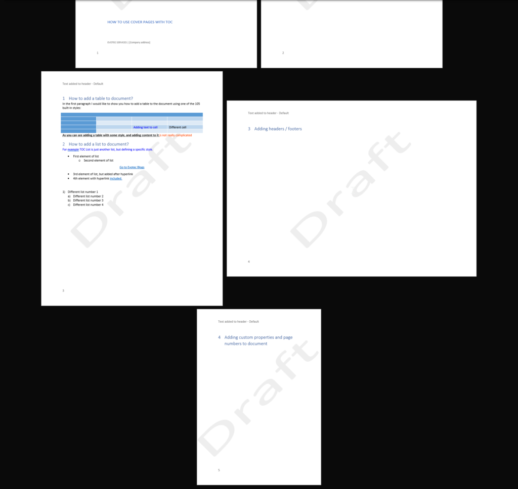 Wygenerowany dokument Word z OfficeIMO z numerami stron i znakiem wodnym Draft