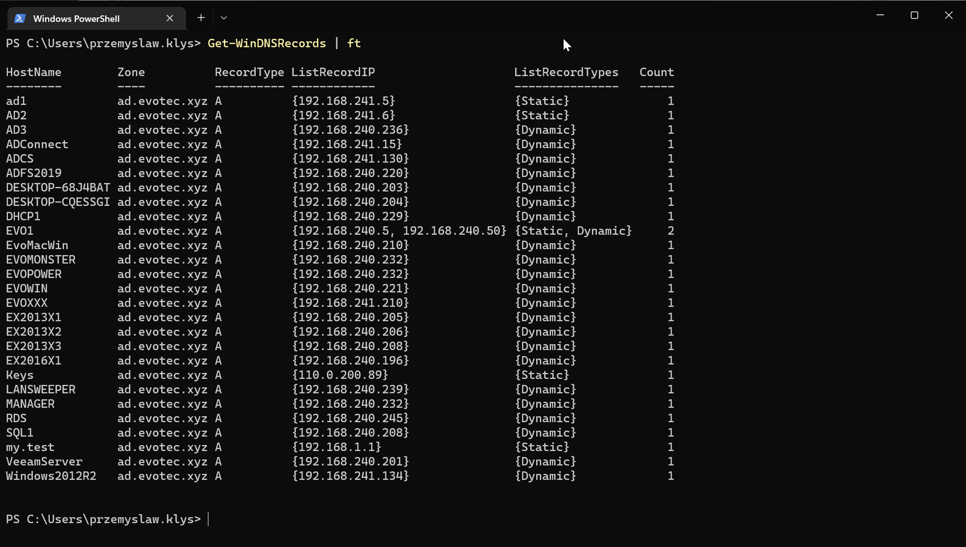 Tabela PowerShell pokazujaca zduplikowane wpisy DNS z nazwa hosta, strefa, typami rekordow i liczba adresow IP