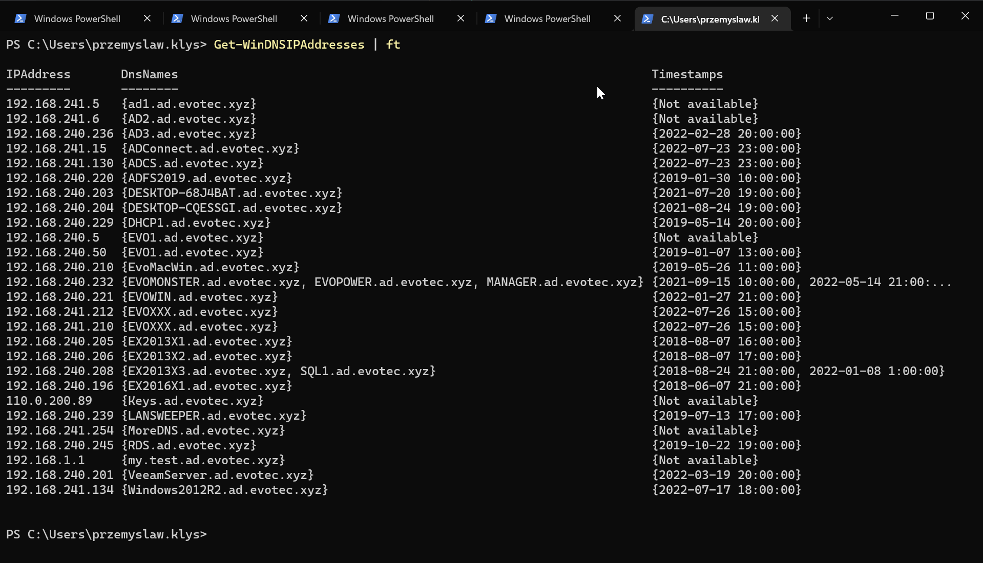 Tabela PowerShell z wynikiem Get-WinDNSIPAddresses