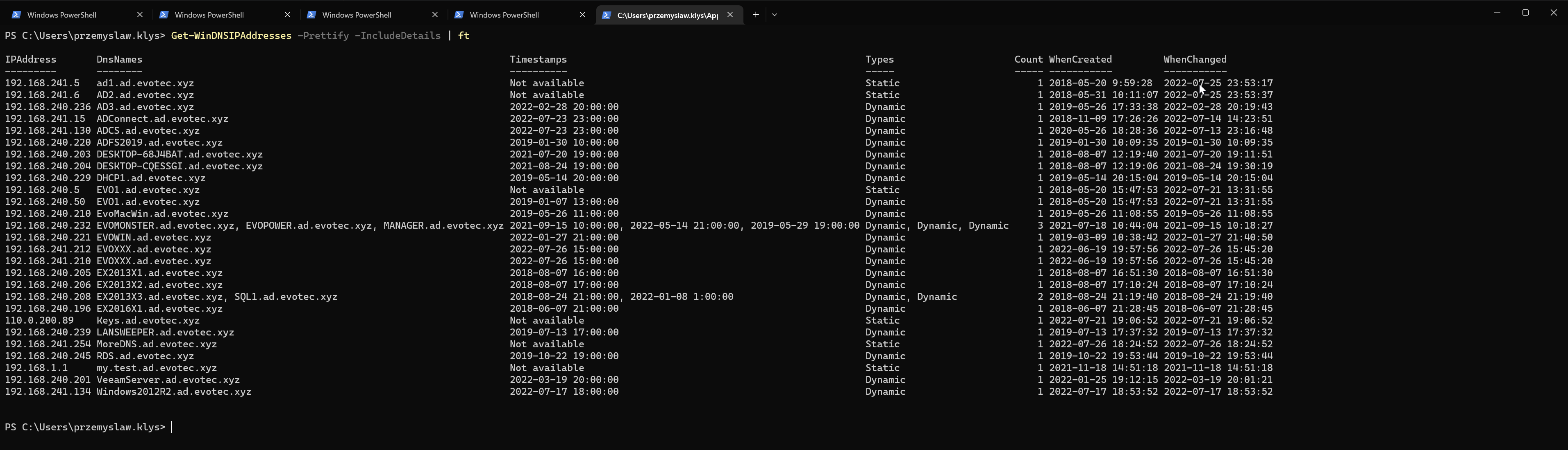 Tabela PowerShell z ulepszonym wynikiem rekordow DNS wedlug IP