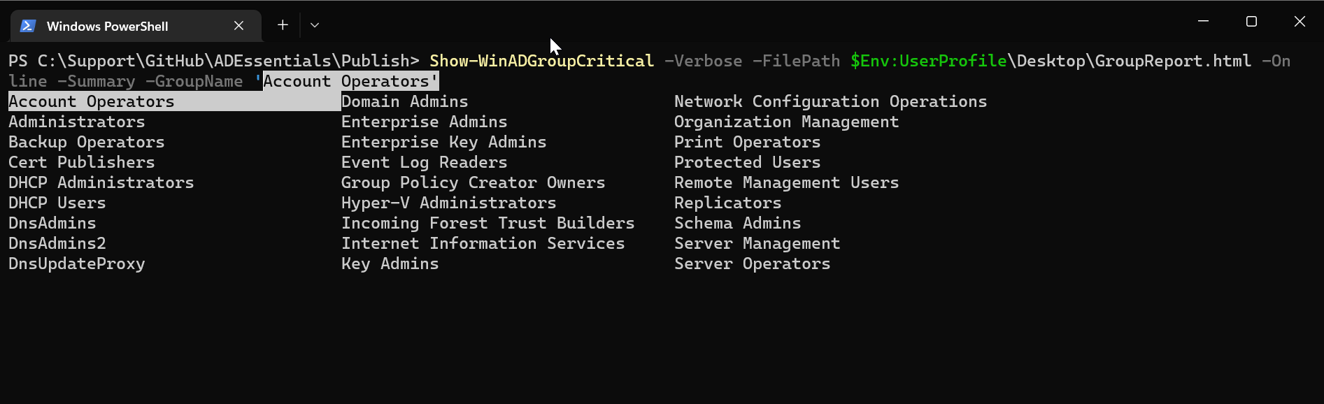 Wybrane krytyczne grupy w konfiguracji raportu