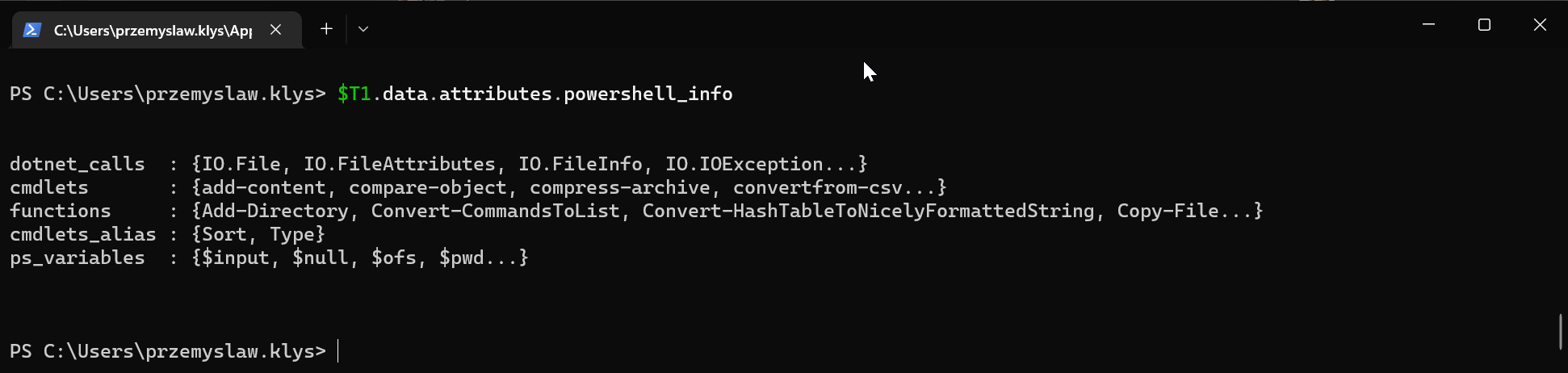 PowerShell terminal output listing the powershell_info section returned by VirusTotal, including detected cmdlets, functions, and variables.
