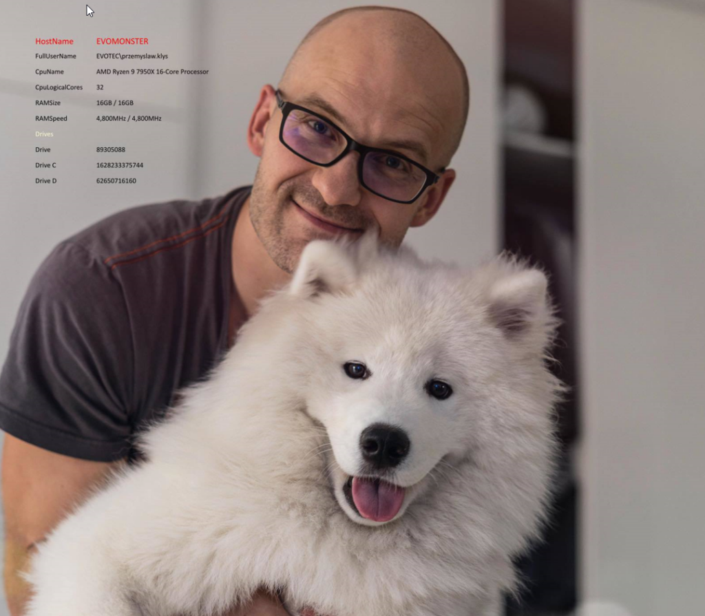 Tapeta PowerBGInfo z nakladka danych komputera i informacji o dyskach