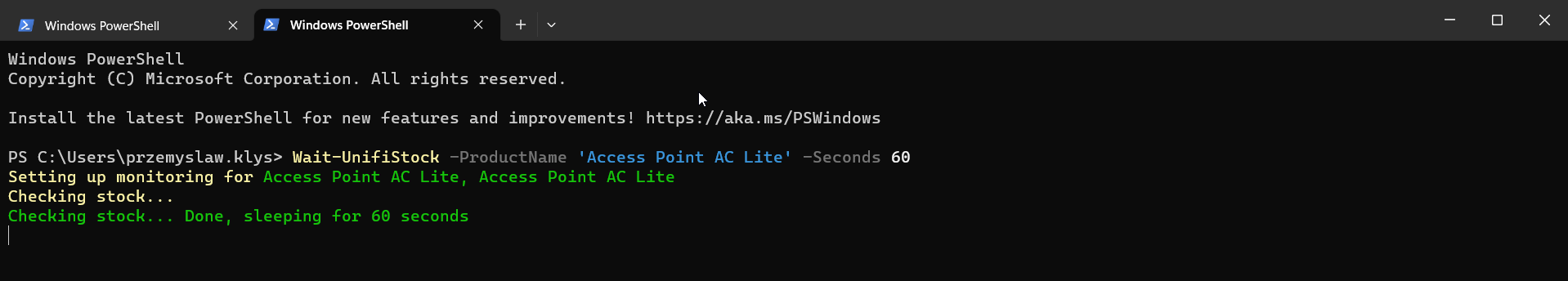 Okno PowerShell z poleceniem Wait-UnifiStock dla Access Point AC Lite