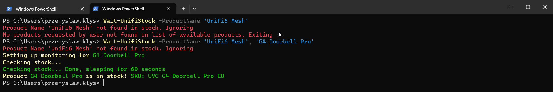 Okno PowerShell śledzące kilka produktów Ubiquiti poleceniem Wait-UnifiStock
