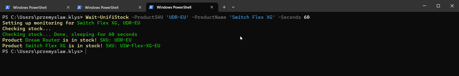 Okno PowerShell oczekujące na stan UDR-EU i Switch Flex XG