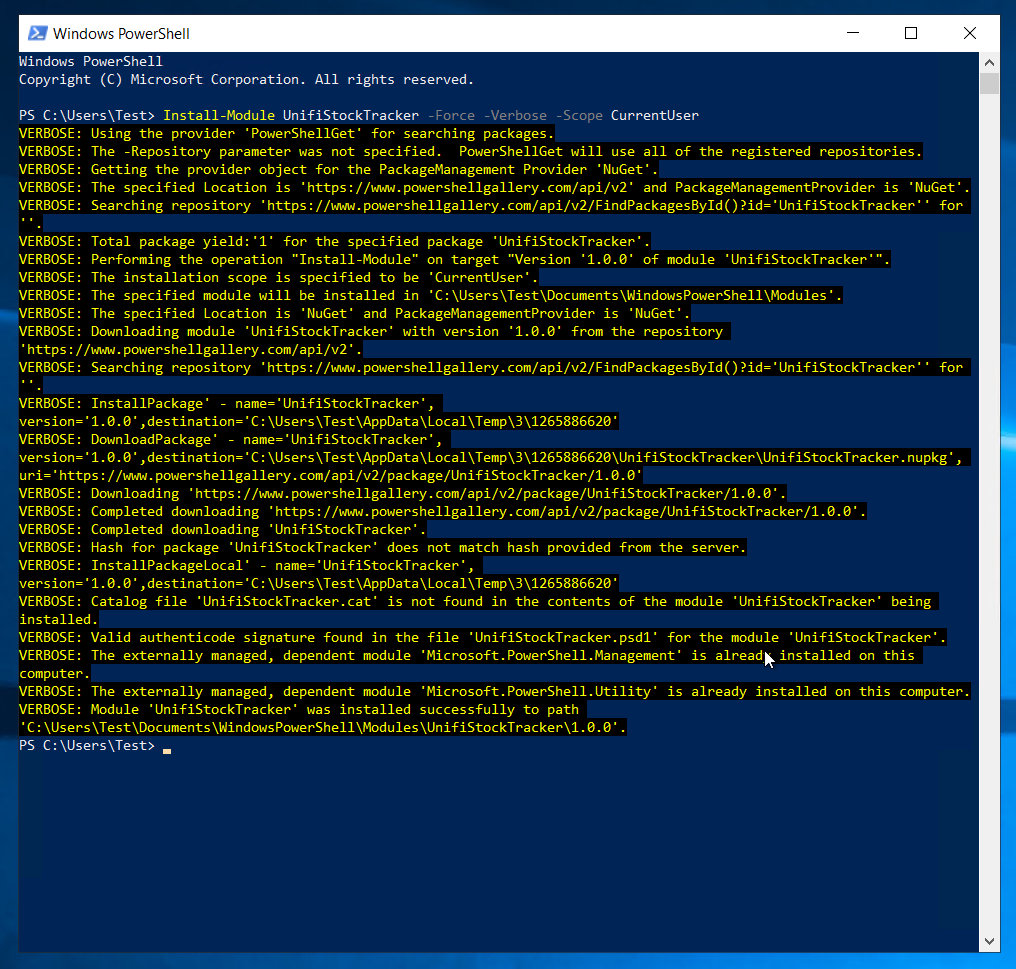 Polecenie Install-Module dla modułu UnifiStockTracker w PowerShellu