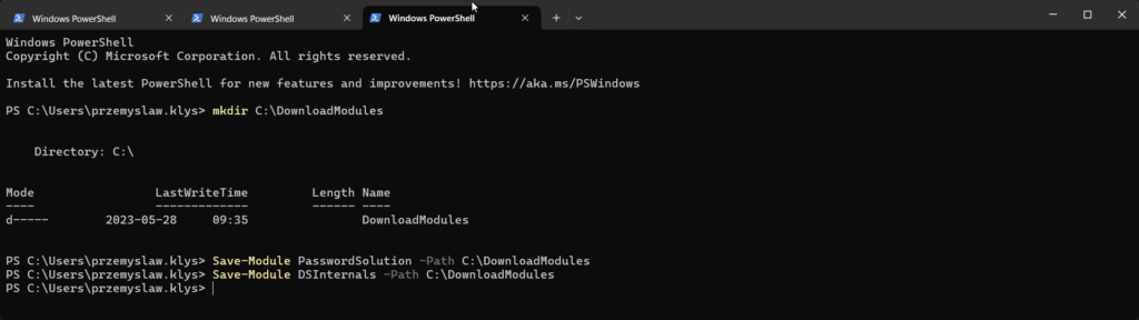 Wynik PowerShell po pobraniu modulow PasswordSolution i DSInternals
