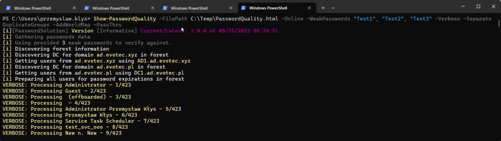 Wynik verbose PowerShell podczas uruchomionego skanu jakosci hasel