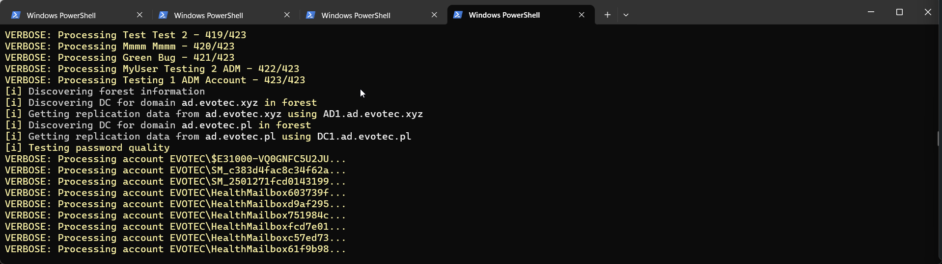 Wynik PassThru z Show-PasswordQuality z dodatkowymi szczegolami skanu