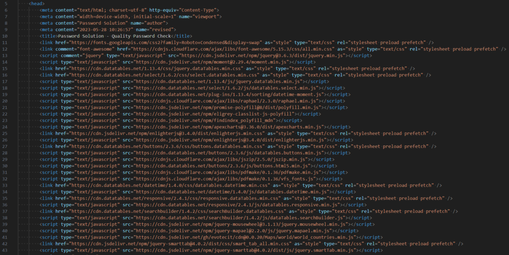 Kod zrodlowy HTML odwolujacy sie do linkow CDN po wlaczeniu przelacznika ONLINE