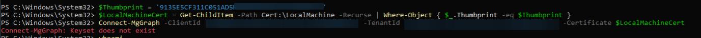 Blad zadania PowerShell pokazujacy, ze Connect-MgGraph konczy sie komunikatem Keyset does not exist