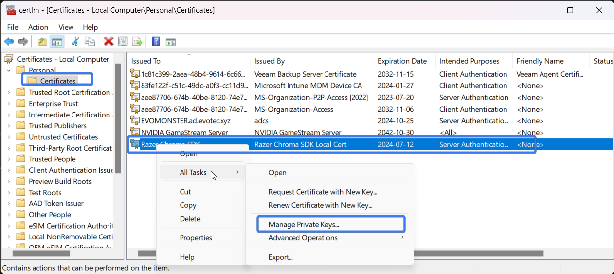 Okno uprawnien klucza prywatnego certyfikatu, w ktorym konto uslugi otrzymuje dostep dla Connect-MgGraph