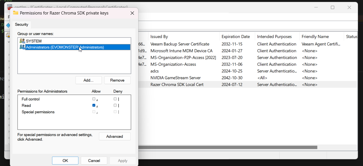 Okno uprawnien certyfikatu pokazujace dodane konto uslugi z dostepem do klucza prywatnego