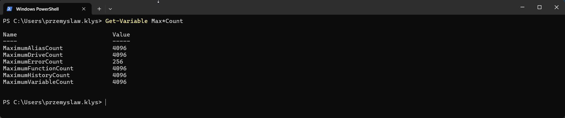 Wynik PowerShell pokazujacy limity Max*Count dla funkcji i zmiennych