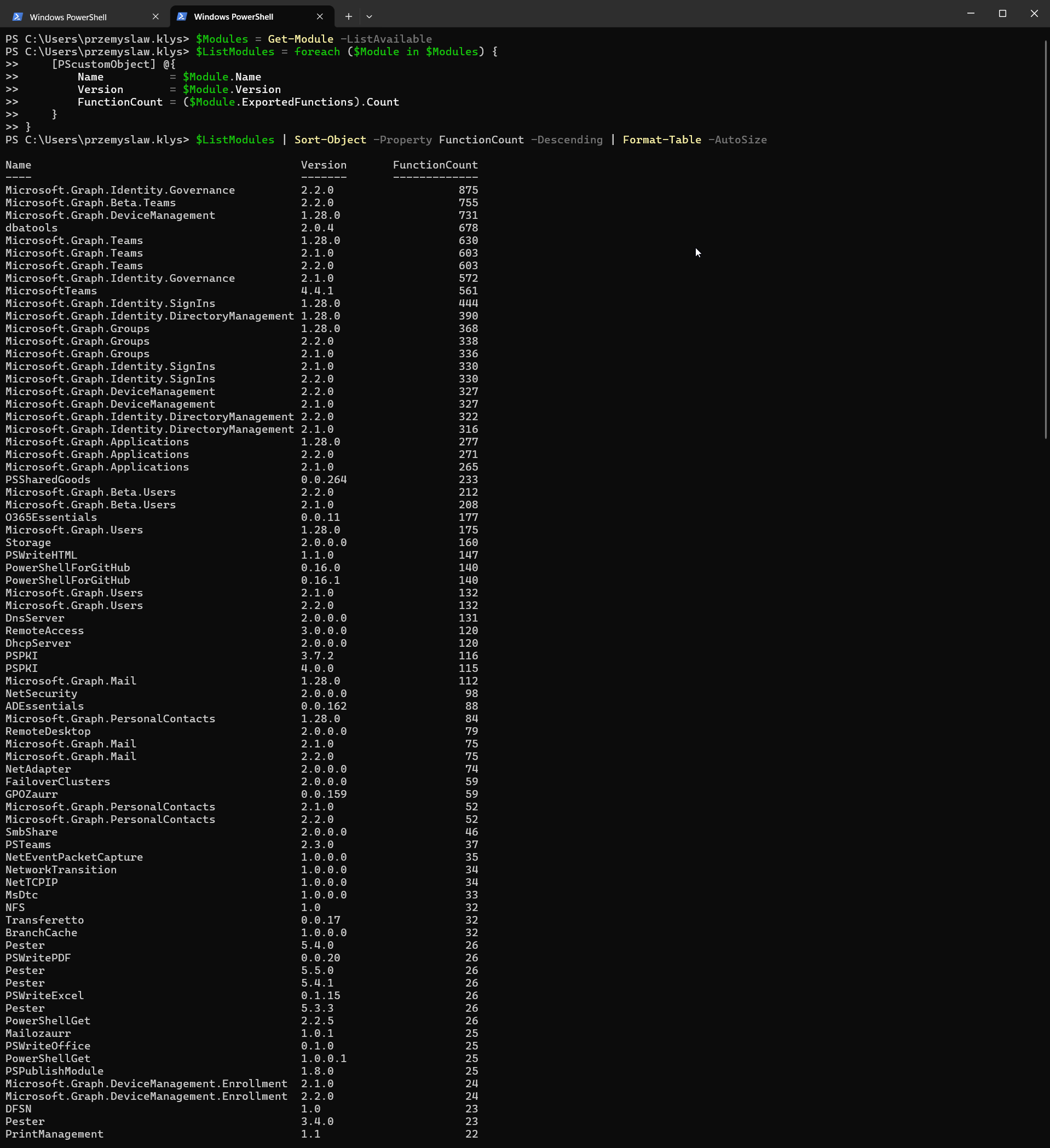 Tabela PowerShell szeregujaca moduly wedlug liczby eksportowanych funkcji