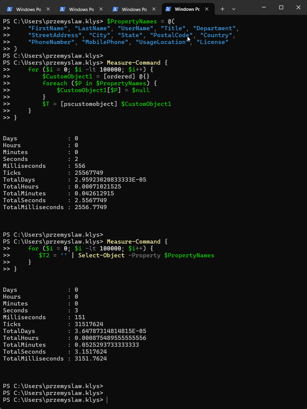 Benchmark w PowerShell 5.1 porównujący OrderedDictionary PSCustomObject z Select-Object dla 100000 iteracji.