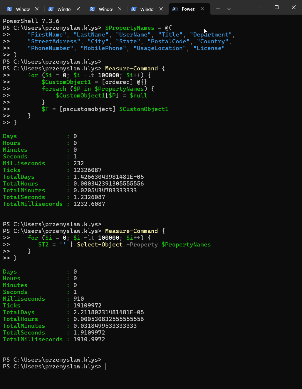 Benchmark w PowerShell 7.3 porównujący OrderedDictionary PSCustomObject z Select-Object dla 100000 iteracji.