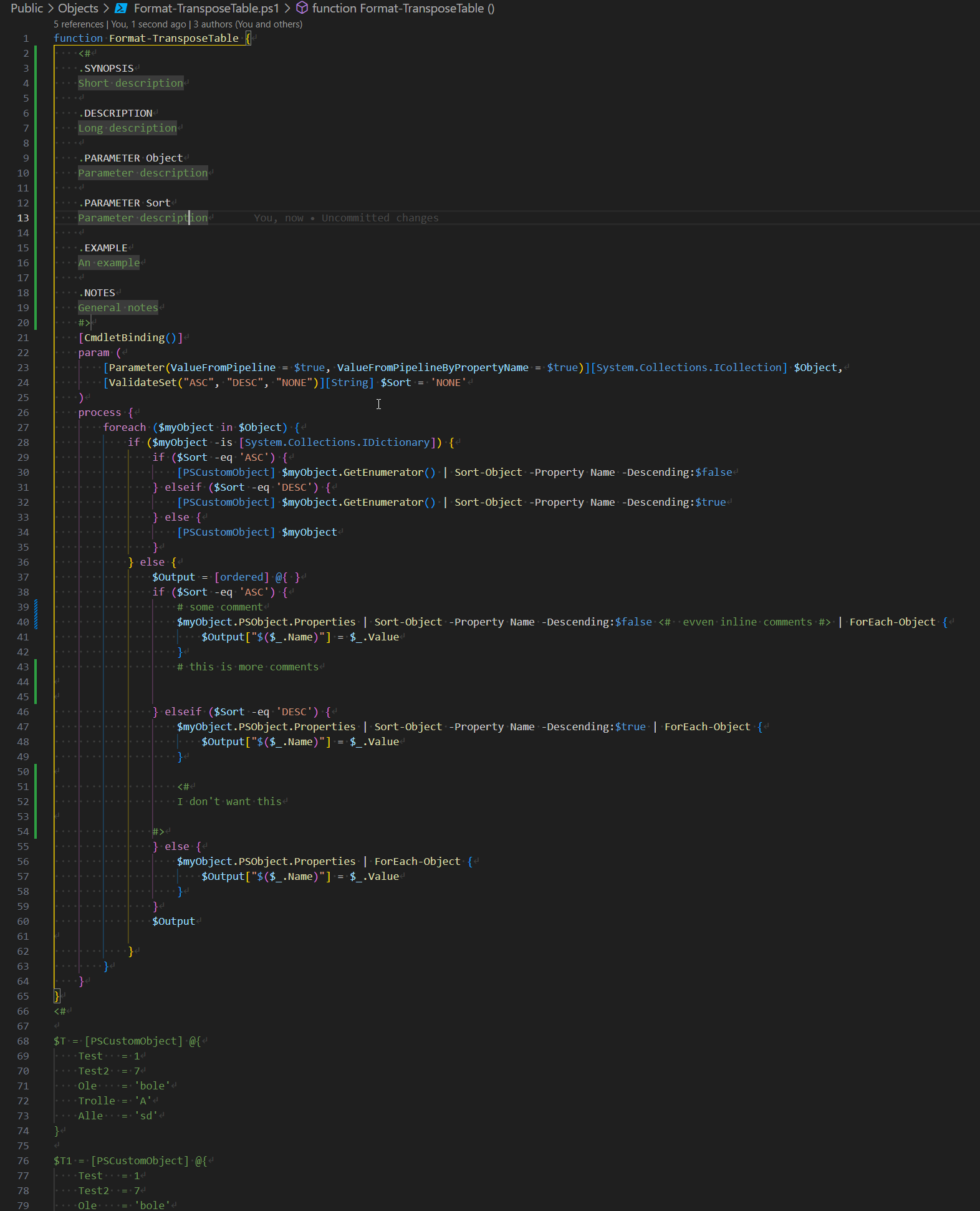 Oryginalny skrypt PowerShell Format-TransposeTable z komentarzami inline przed uruchomieniem funkcji Remove-Comments.