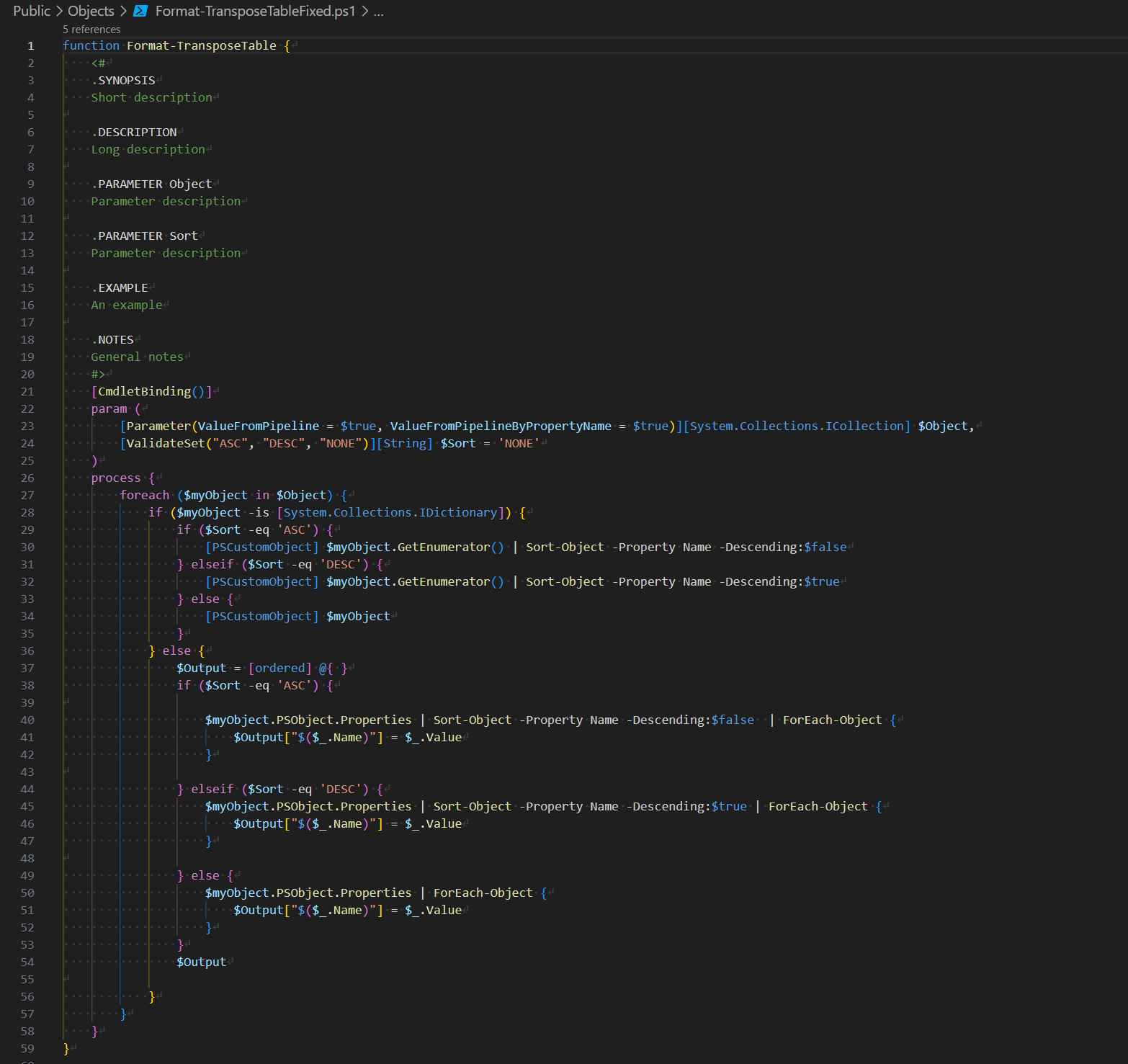 Dalsza czesc oczyszczonego skryptu PowerShell pokazujaca zachowane komentarze pomocy po usunieciu komentarzy.