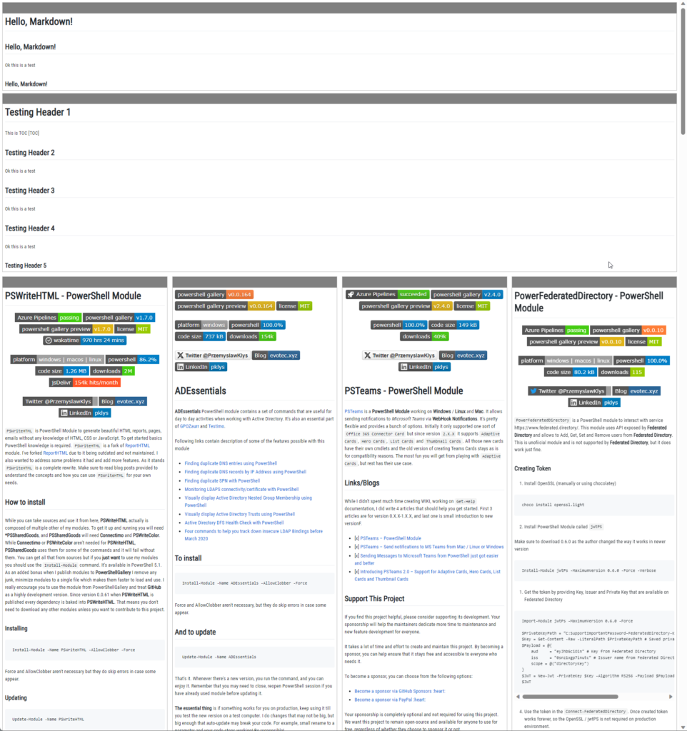 Podgląd raportu PSWriteHTML łączącego sekcje Markdown, karty modułów i artykuły w jednej stronie HTML.