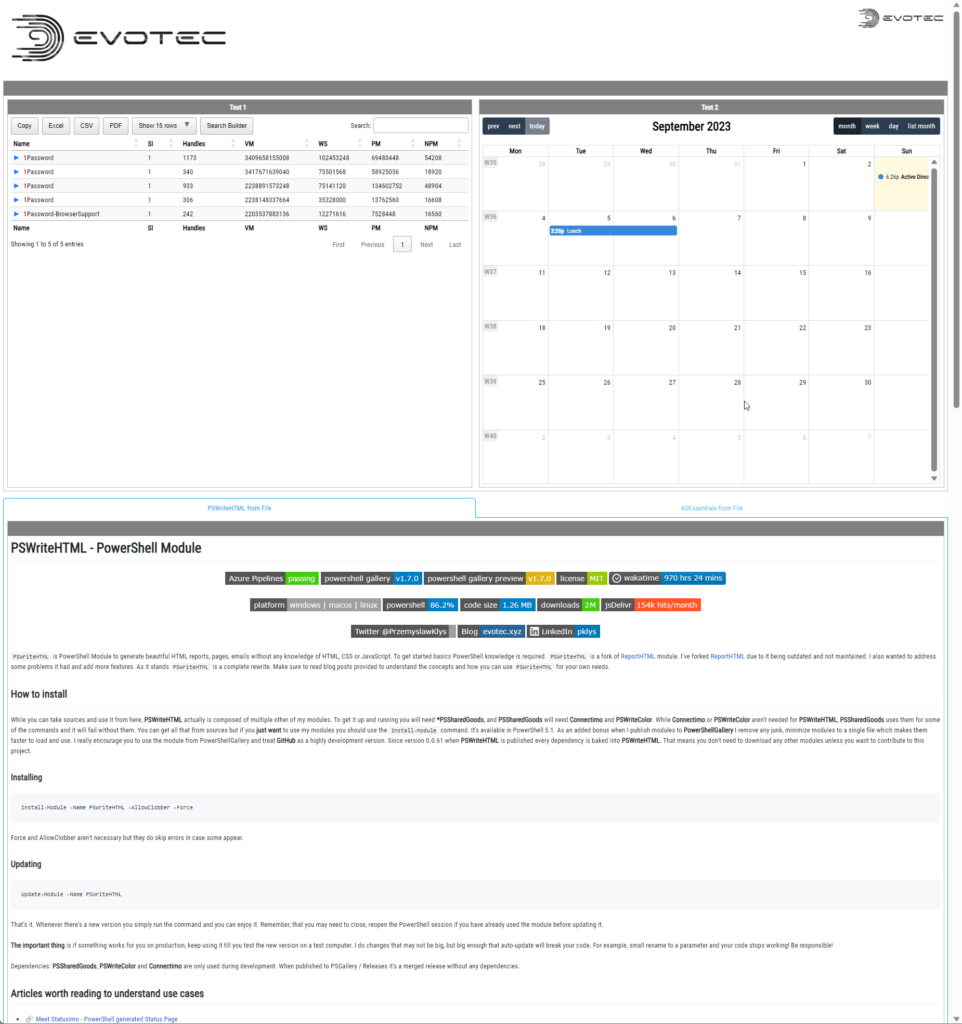 Podgląd raportu PSWriteHTML łączącego tabelę z wyszukiwaniem, widok kalendarza i treść Markdown w jednym układzie.