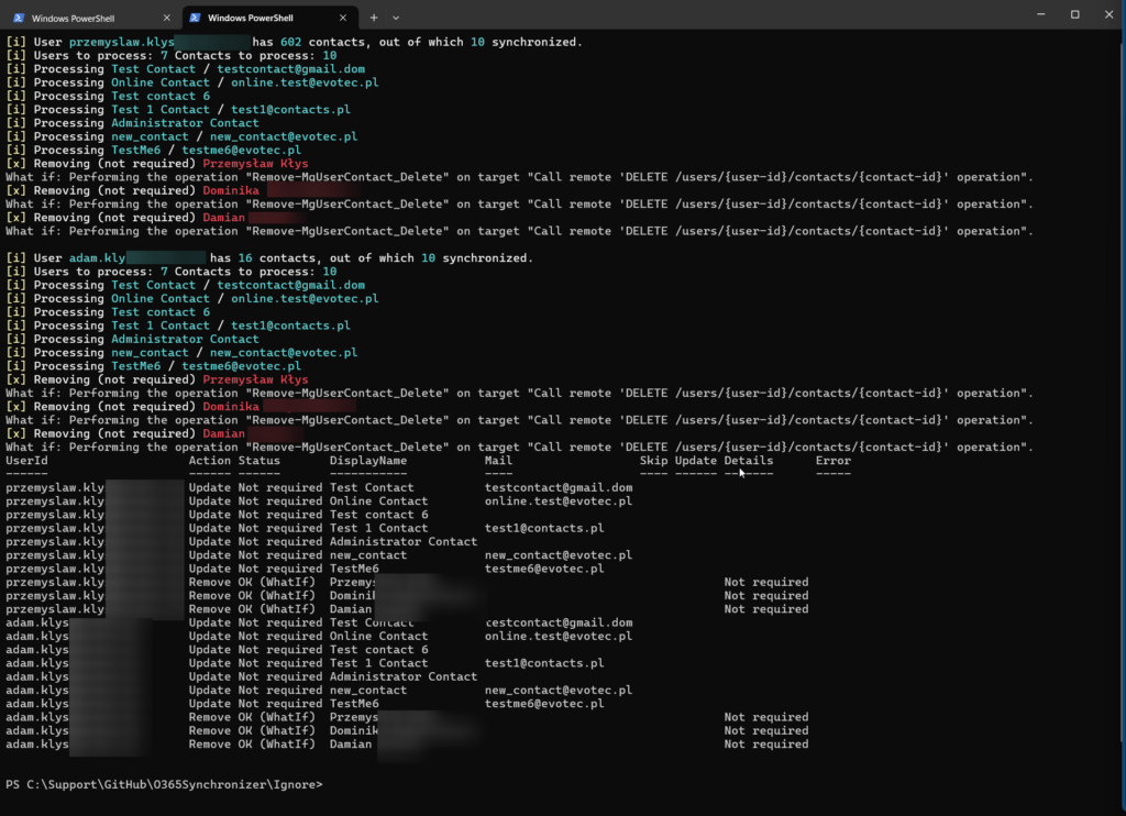 Wynik WhatIf w PowerShell pokazujacy usuwanie czlonkow grupy przy pozostawieniu samej synchronizacji kontaktow