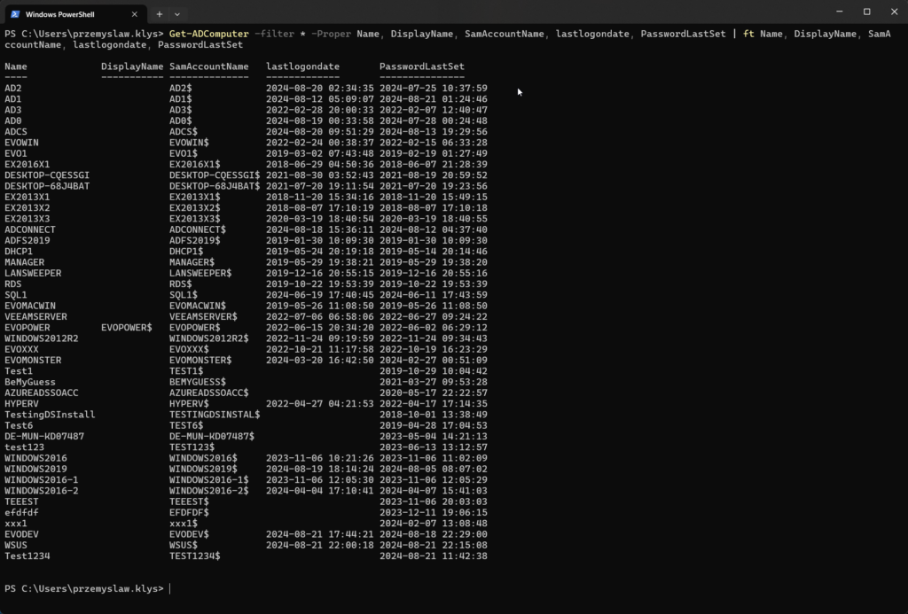 Active Directory computer list showing stale objects identified by CleanupMonster criteria