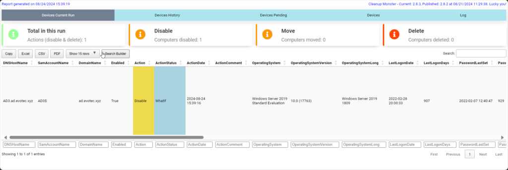 CleanupMonster report summary showing current run actions and device counts