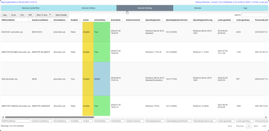 CleanupMonster history view showing device actions tracked over time