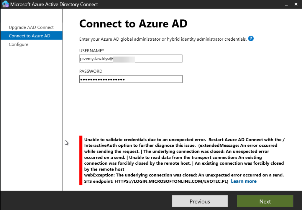 Azure AD Connect upgrade wizard showing an unexpected credential validation error