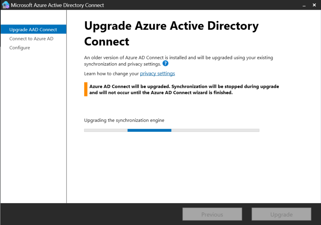 Azure AD Connect sign-in screen opened after restarting the upgrade with InteractiveAuth