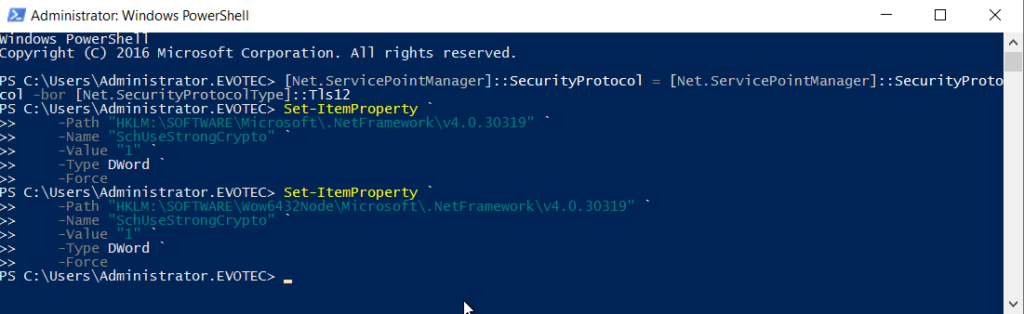 Registry settings enabling SchUseStrongCrypto for TLS 1.2 in .NET Framework