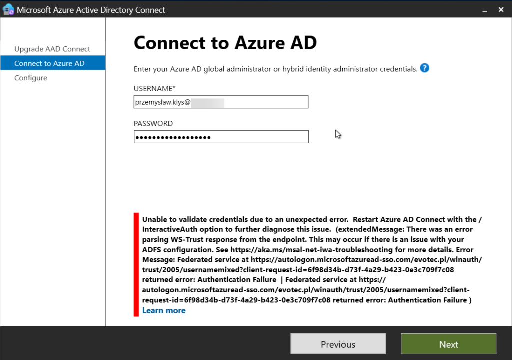 Azure AD Connect showing a different authentication error after enabling TLS 1.2