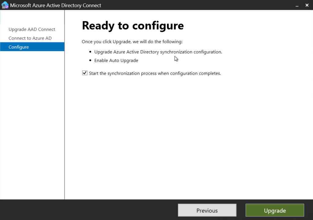 Azure AD Connect upgrade wizard ready to continue after successful authentication