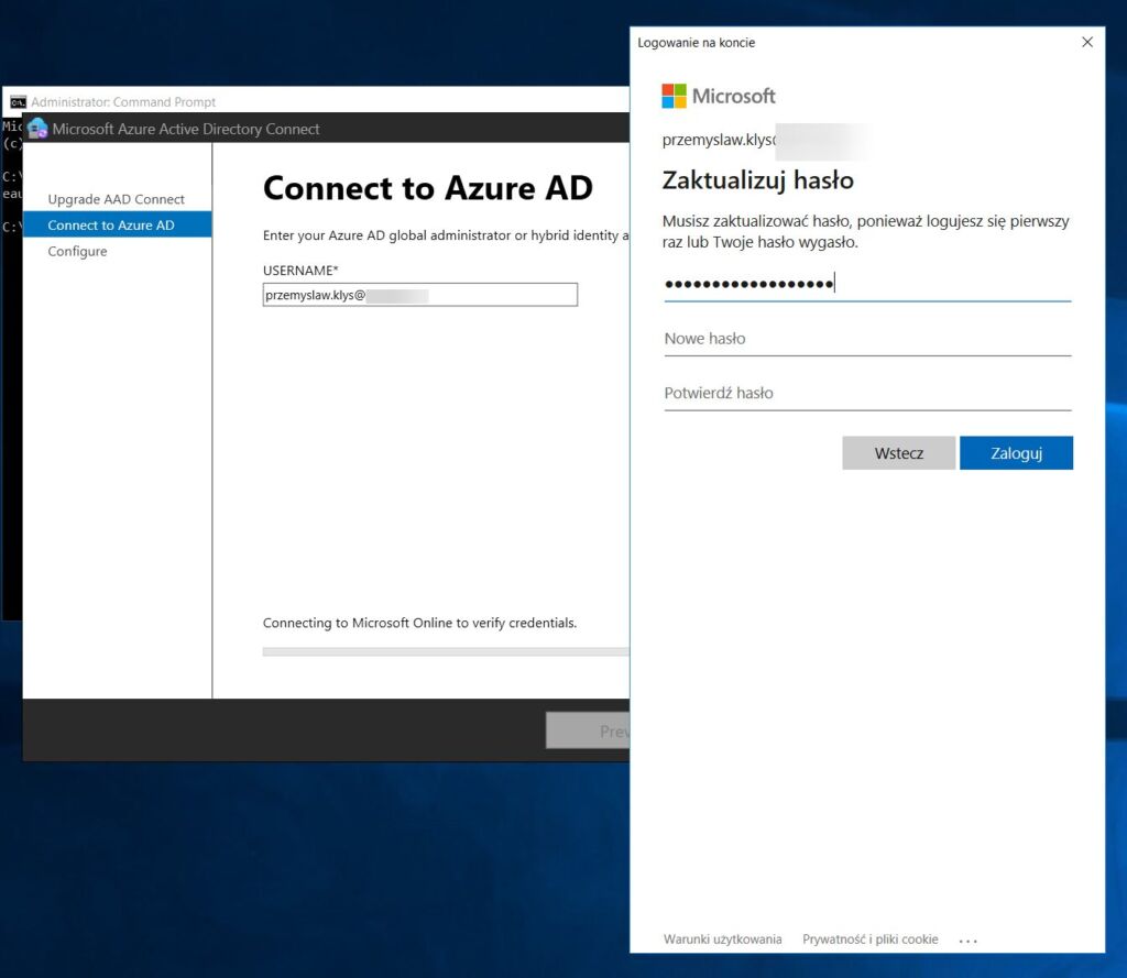 Microsoft account password change prompt during Azure AD Connect authentication